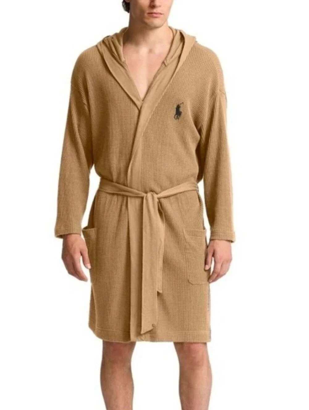 Polo by Ralph Lauren Men's Hooded Thermal Robe - Beige with Black Logo